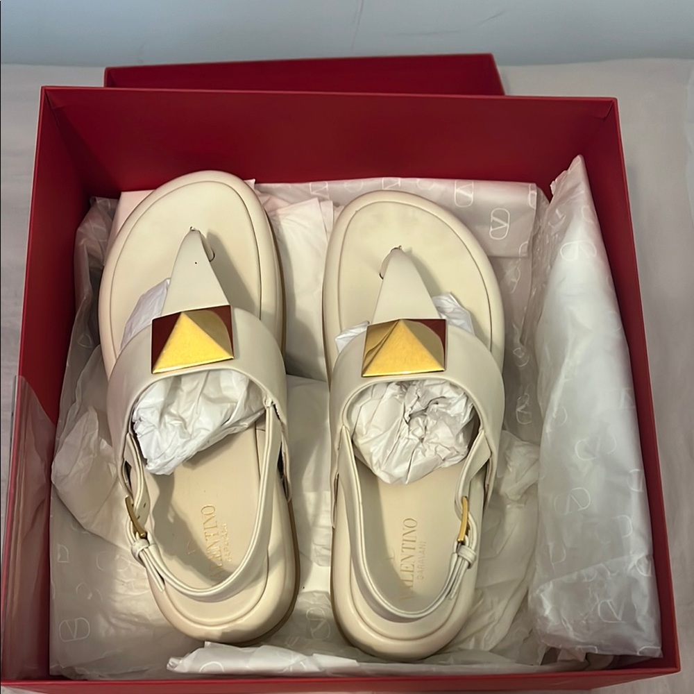 Valentino Ivory Sandals with Gold Pyramid Detail